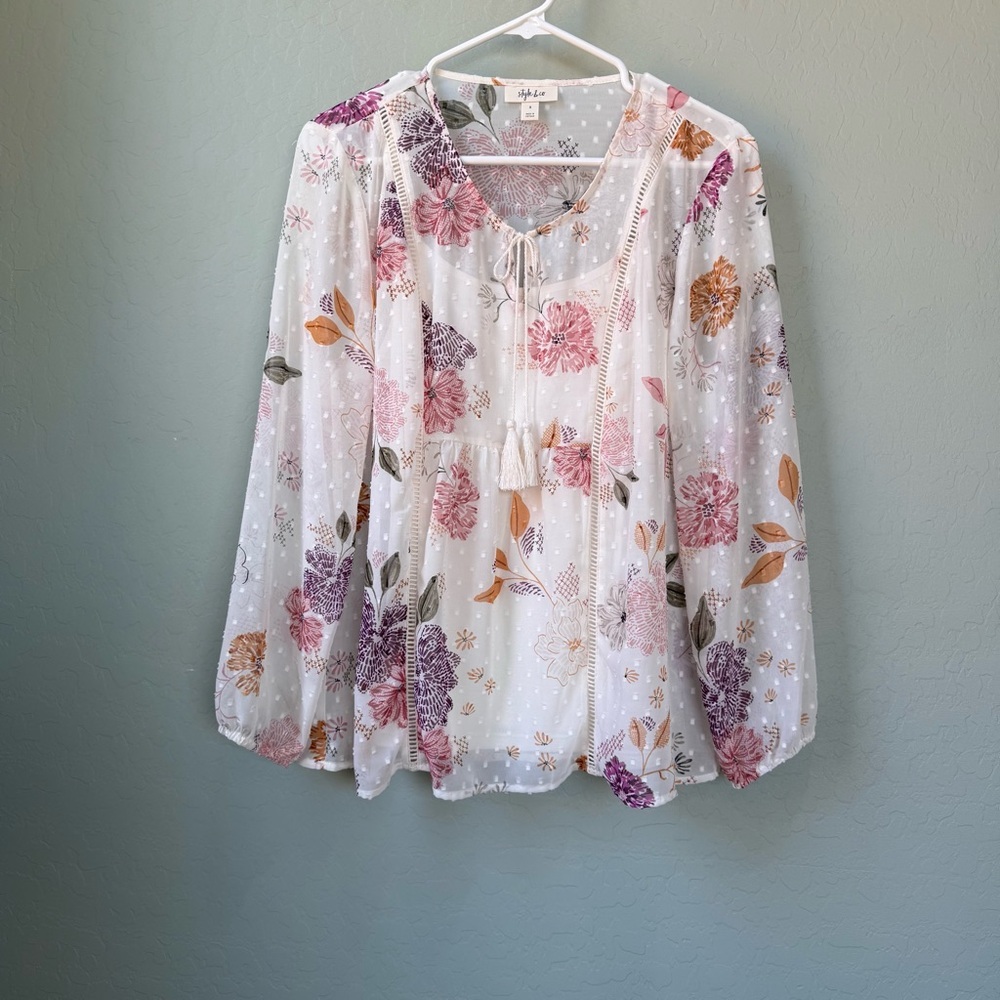 Style & Co. Floral Print Tassel Tie Peasant Top Cream Small Bohemian